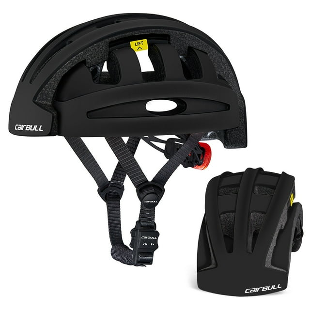 Casque de Vélo Urbain Pliable avec Boucle Magnétique, Montré en Noir avec 18 Évents pour la ventilation. Comprend un Feu Arrière DEL Rouge pour la Visibilité, des Coussinets Intérieurs Amovibles et Lavables, et une construction en PC et EPS Moulée pour une protection Maximale. le Casque Est Pliable pour un Rangement Facile et Convient aux Circonférences de Tête de 55-59 cm (21,6-23,2 Po).