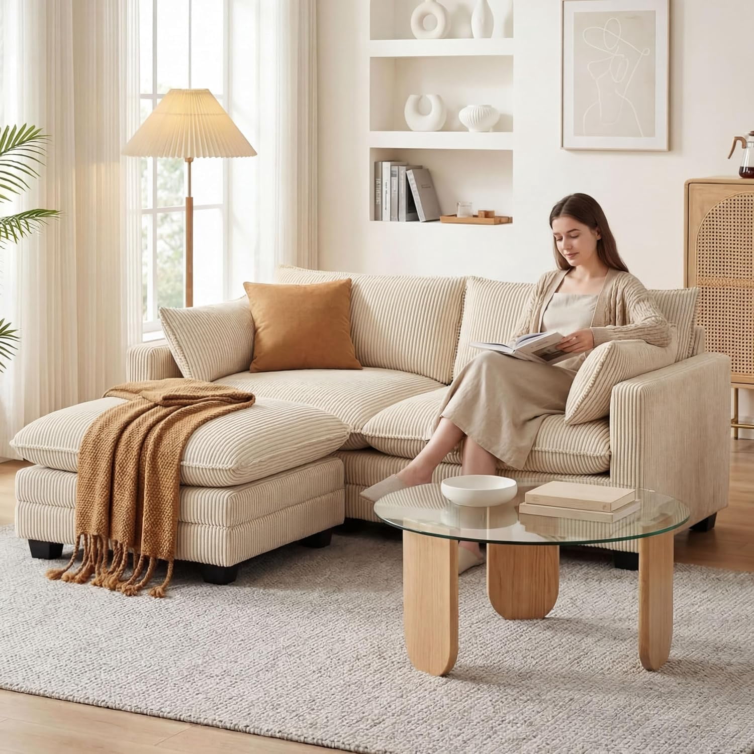 70'' Cloud Loveseat with Ottoman for Small Space, Noelse Comfy Small Sofas and Couches with Deep Seat and Pillows for Living Room and Bedroom, Corduroy Fabric, Beige