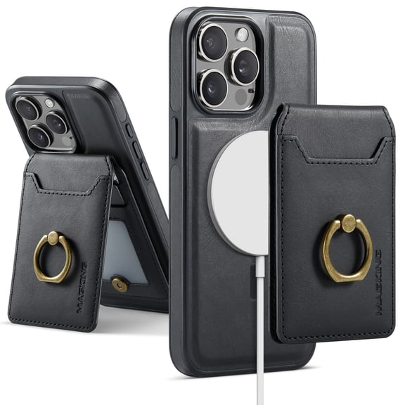 Ancove Back Case for iPhone 13, Slim Leather Detachable 2 in 1 Wallet Wireless Charging Ring Holder Kickstand RFID Blocking Card Holder Magnetic Protective Case for iPhone 13,Black