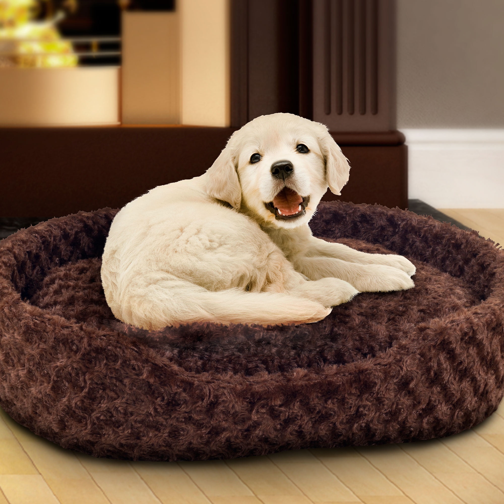 Round Dog Bed, Small Cuddle Round Plush Pet Bed Brown