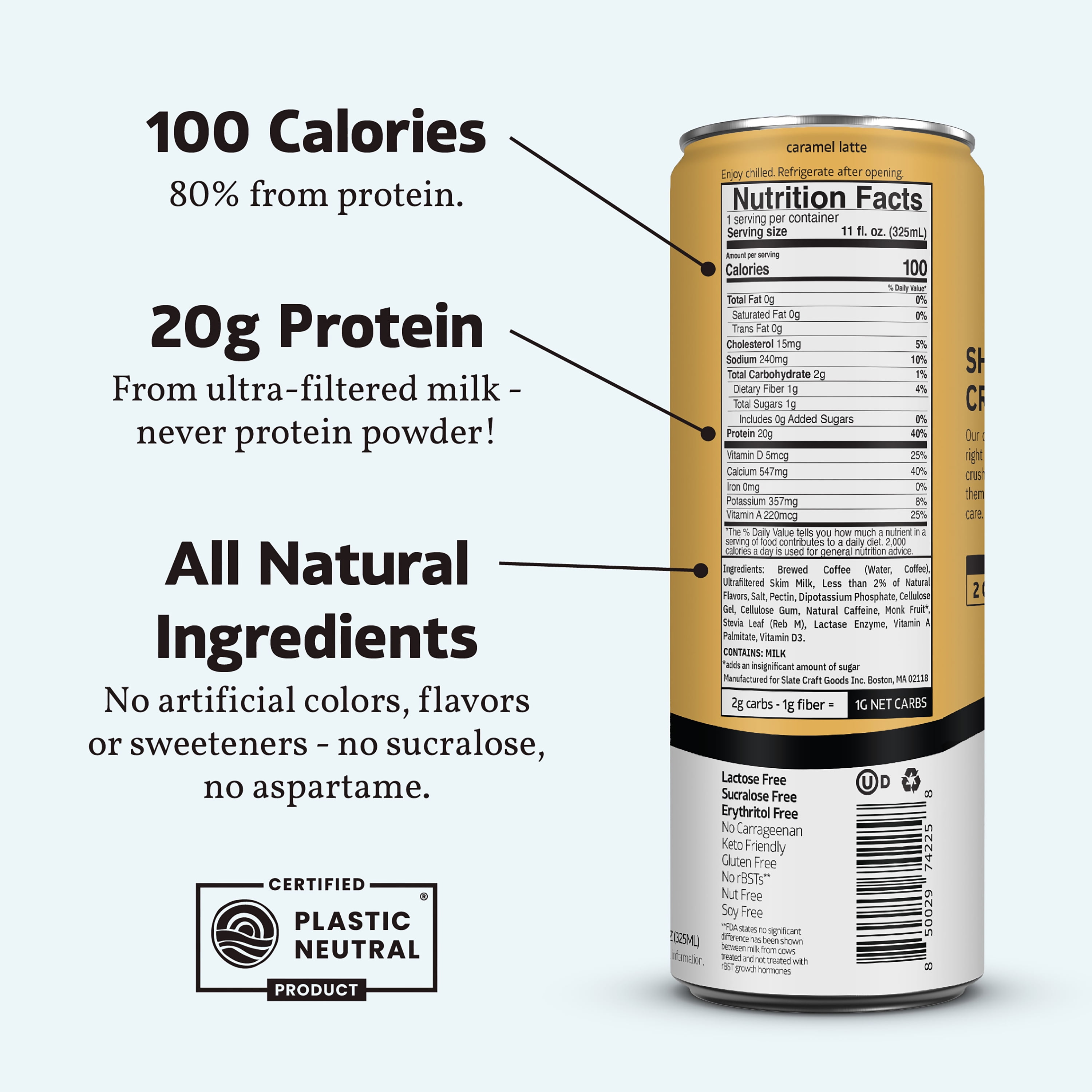 Slate Milk - High Protein Iced Coffee - Caramel Latte - 20g Protein, 1g Sugar, 100 Calories - 11 fl oz, 12 Cans