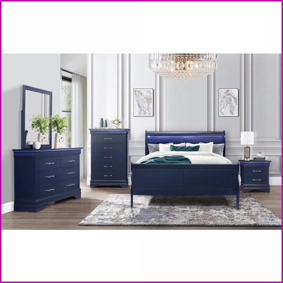 King Bedroom Set Sleigh Style with LED Headboard & Spacious Drawers | Blue | Solid Wood MDF