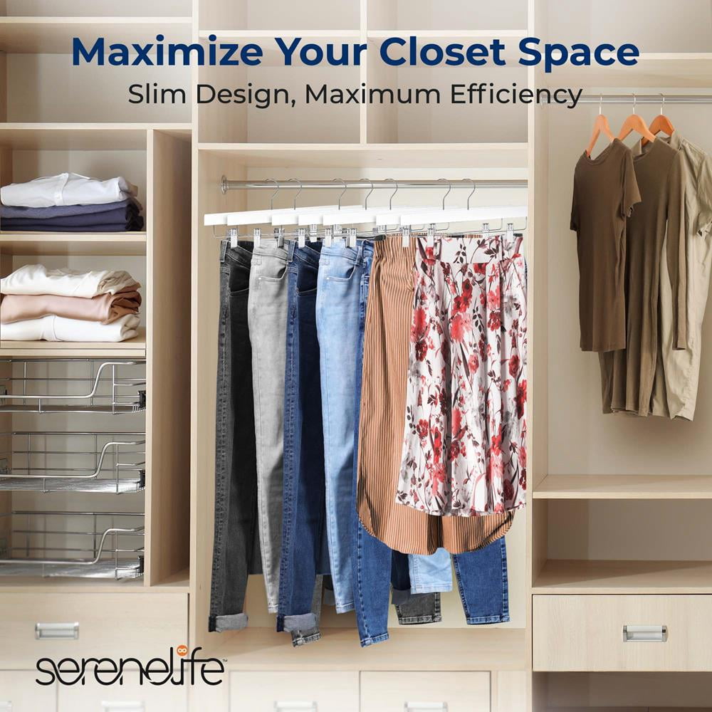 SereneLife 30-Pack Premium Wooden Pants Hangers – Heavy-Duty with Adjustable Clips & 360° Swivel Hook (White)