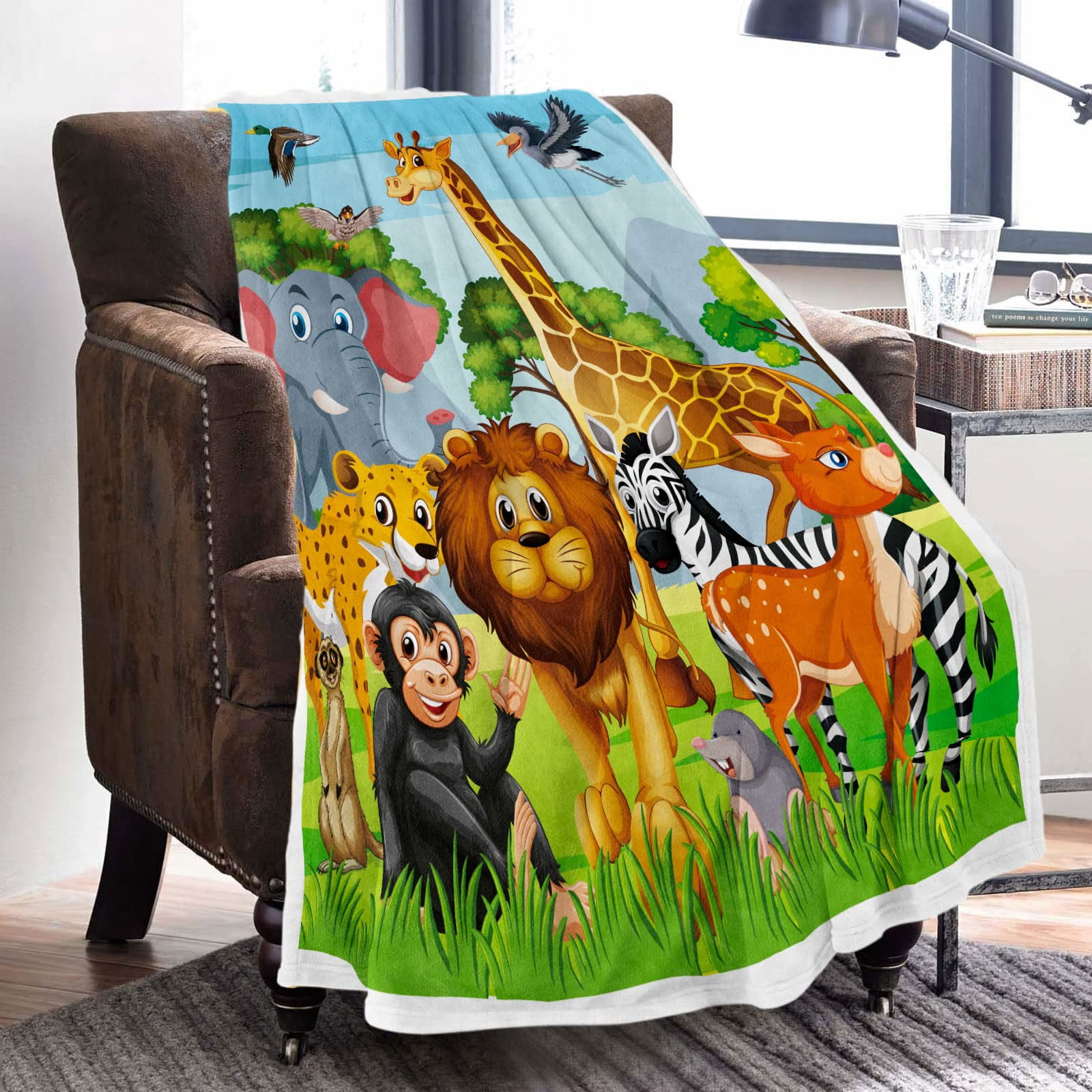 Jungle Animal Throw Blanket, Cozy Flannel Animal Blanket for Kids, Soft Jungle Fleece Blanket with Giraffe Elephant Lion Print, Fuzzy Safari Zoo Blankets for Toddler Child Girl Boy Gift,(30"x40")