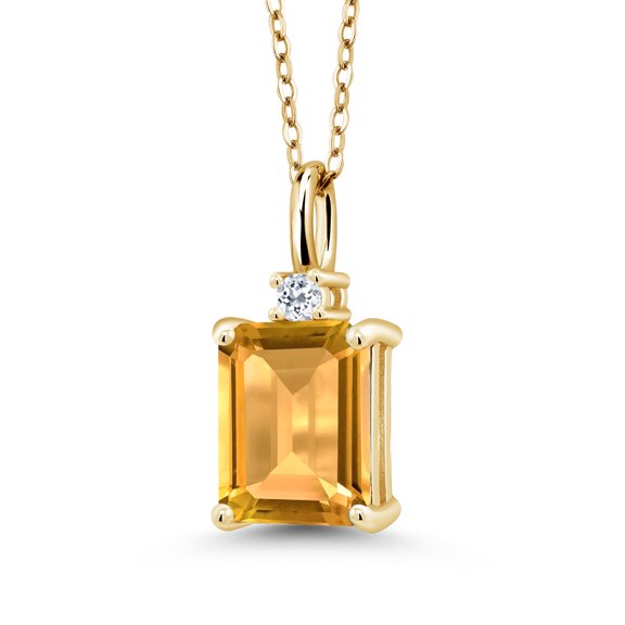Gem Stone King 18K Yellow Gold Plated Silver Yellow Citrine and White Topaz Pendant Necklace for Women | 2.37 Cttw | Gemstone November Birthstone | Emerald Cut 9X7MM | With 18 inch Silver Chain