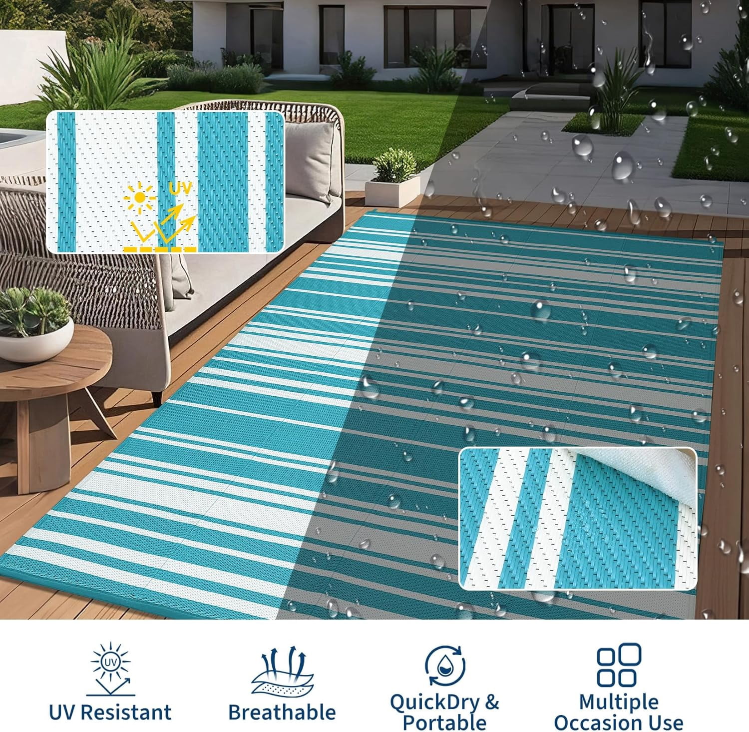 Outdoor Rug for Patio,Waterproof Mat,Reversible Plastic Striped Camping Rugs for RV,Porch,Deck,Camper,Balcony,Backyard,Beach
