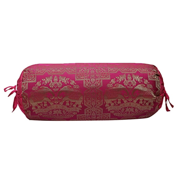 Stylo Culture Indian Polydupion Decorative Bolster Pillow Cover For Yoga Pink Gold Elephant Cylindrical Brocade Silk Jacquard Neck Roll Home Decor Tubular Bolster Case | (1 Pc) | (76x38 cm)