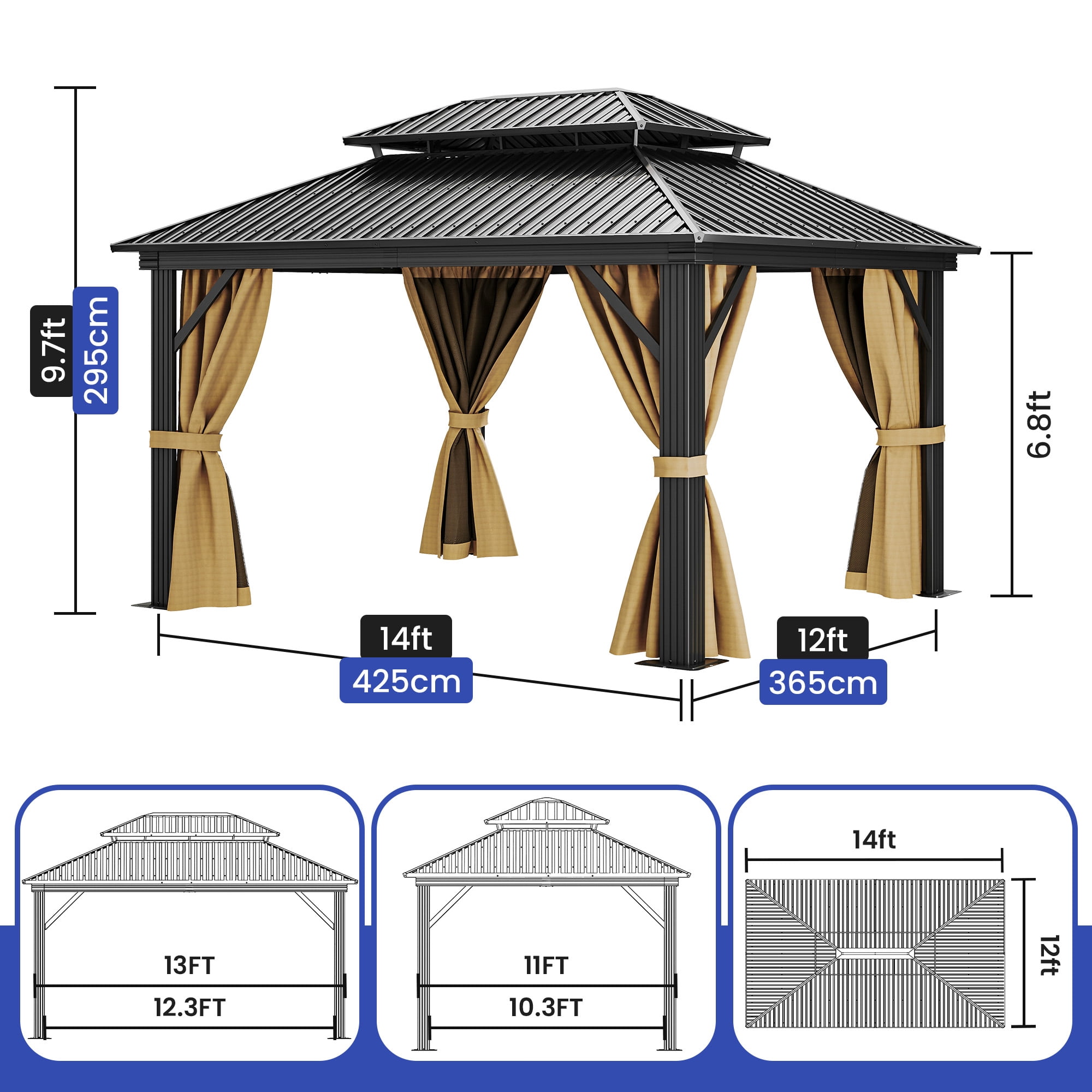 Dextrus 12x14ft Outdoor Hardtop Gazebo with Netting & Brown Curtains,Double Roof Outdoor Galvanized Iron Aluminum Frame Garden Tent for Patio, Backyard, Black&Brown