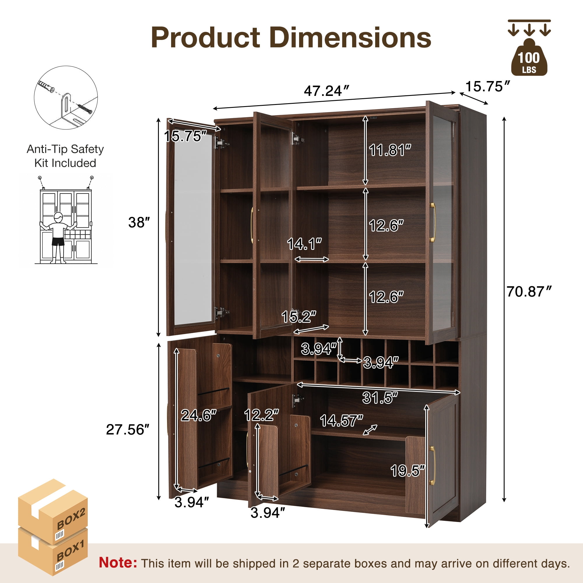 Euroco 70" Tall Wine Bar Cabinet with Glass Doors,Modern Coffee Liquor Cabinet with Removable 14-Bottle Wine Rack & Built-in Door Shelves,Large Pantry Cabinet for for Kitchen Dining Room,Walnut