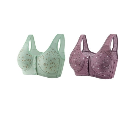 Huuilaibazoo 2 Pack Daisy Bras for Older Women Front Closure Push Up Wireless Bralette Full Coverage Lightly Bra
