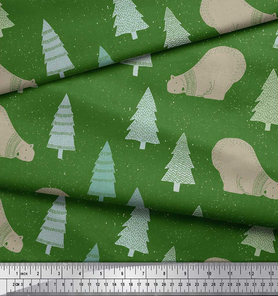 Soimoi Green Poly Georgette Fabric Bear & Tree Christmas Print Sewing Fabric Yard 42 Inch Wide