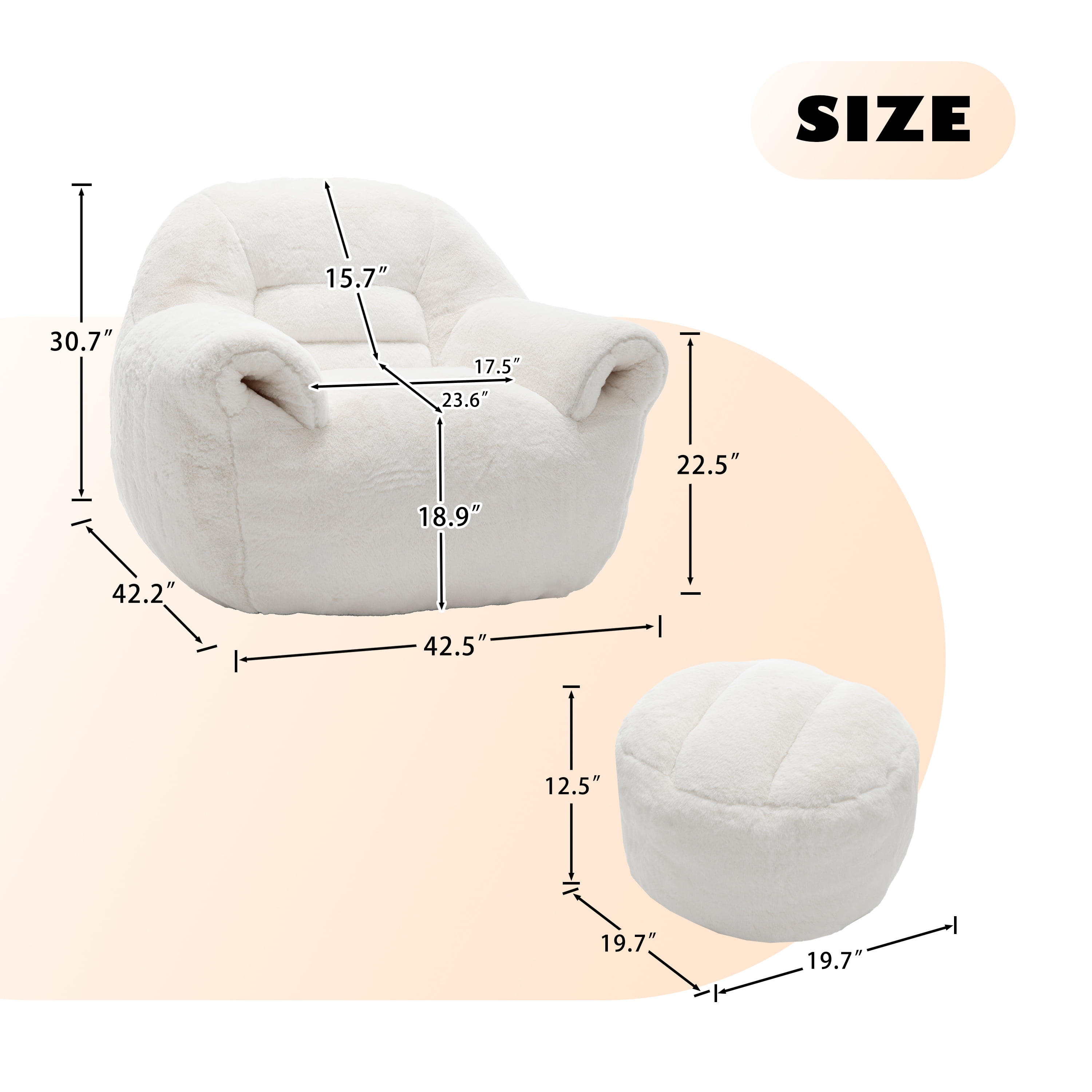 Bean Bag Chair, Comfy Bean Bag Sofa with Back Support, With Footstool,Faux Fur Bean Bag Chair for Adults and Kids, Stuffed Floor Sofa for Living Room, Bedroom, Apartment, White
