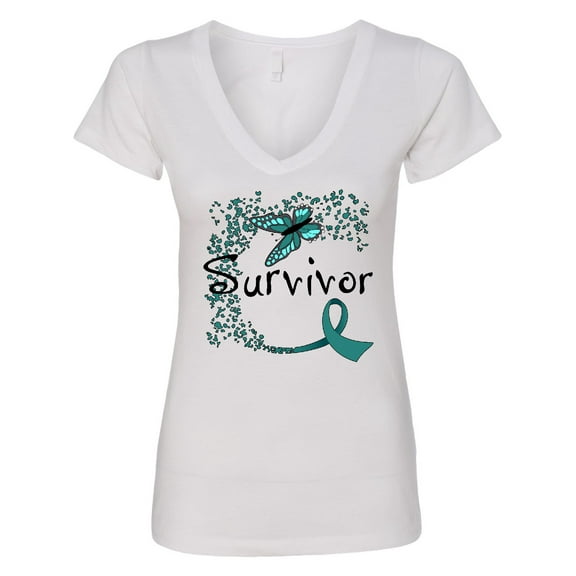 Inktastic Ovarian Cancer Survivor Butterfly Ribbon Women's V-Neck T-Shirt