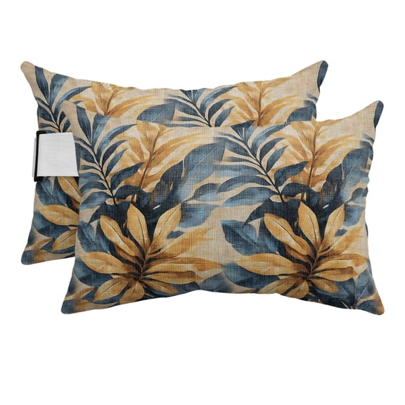 Chaise Lounge Headrest Pillow 2 Pack, Navy Blue Brown Waterproof Chair Pillows with Insert & Adjustable Elastic Strap for Beach Pool Recliner, Tropical Palm Leaves Vintage Outdoor Patio Pillow