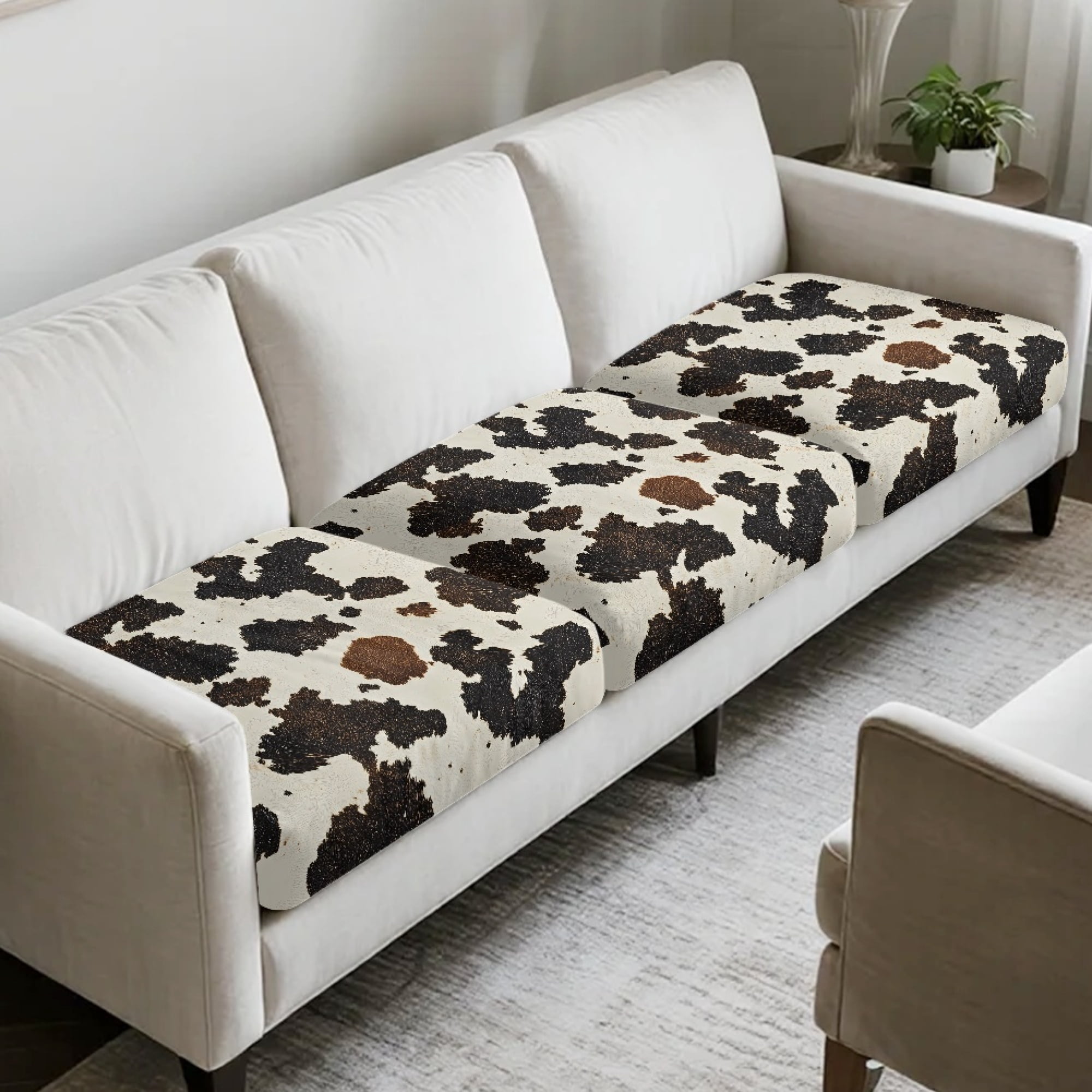 TSOVTHRID 3 Piece Couch Cushion Covers, Brown Beige Cow Pattern Stretch Sofa Seat Slipcovers for Pets, Furniture Protector for Armchair Loveseat Sofa with Elastic Band, 24x24 Inch