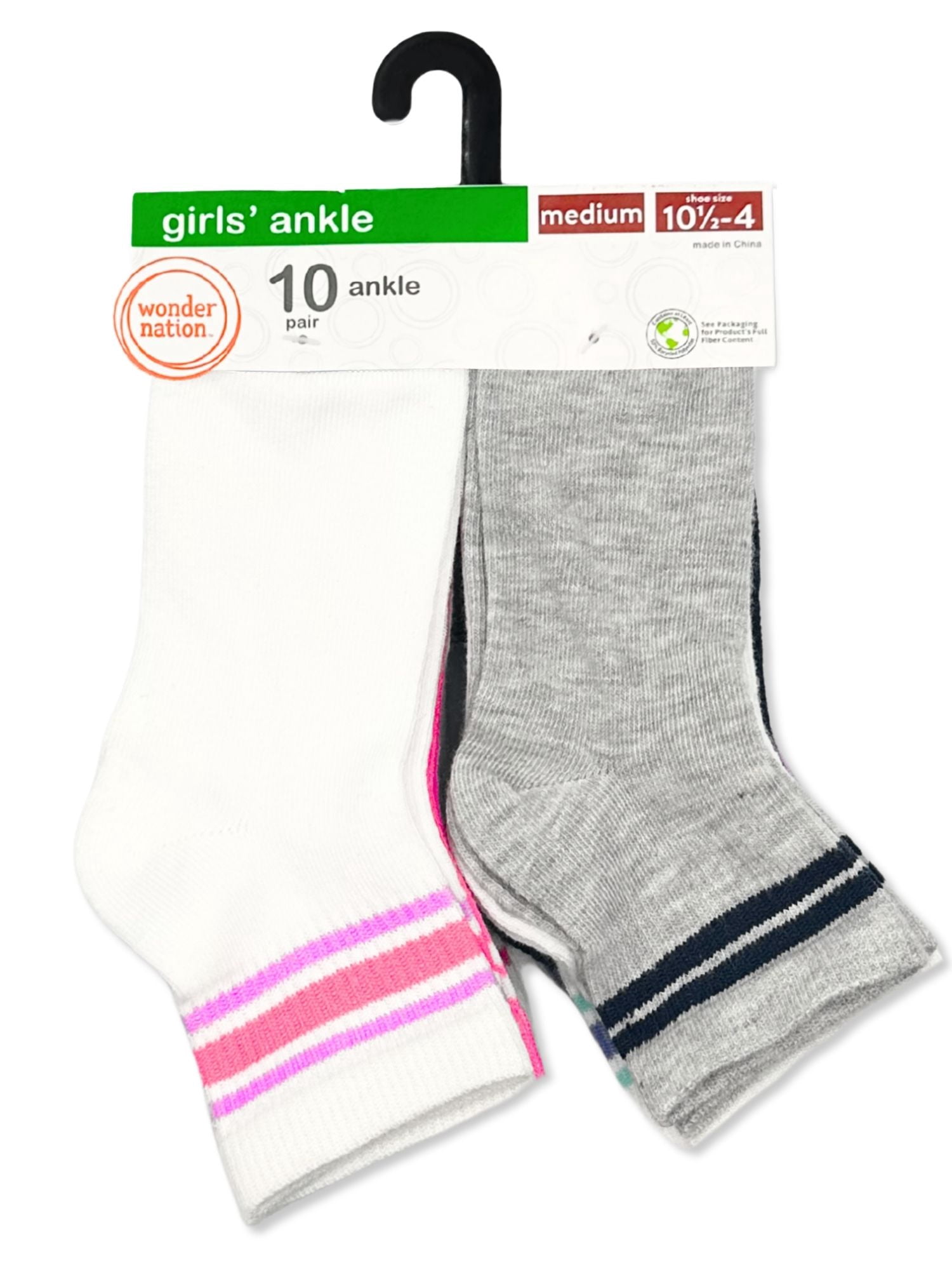 Wonder Nation Girls Ankle Multi Socks, 10-Pack, Sizes S-L