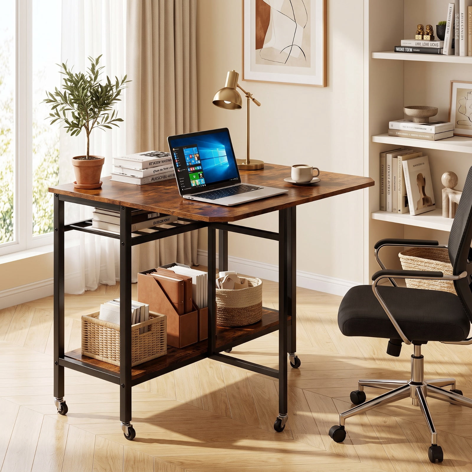 Furnibear Folding Dining Table with Expandable Laptop with Wine Rack and Wheels for Kitchen Dining Room Breakfast Nook Small Space Home, Rustic Brown