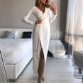thumbnail image 2 of Vestido de cinturón de manga larga de color sólido con abertura delgada informal con cuello en V para mujer Pompotops hdfakjf7423, 2 of 6
