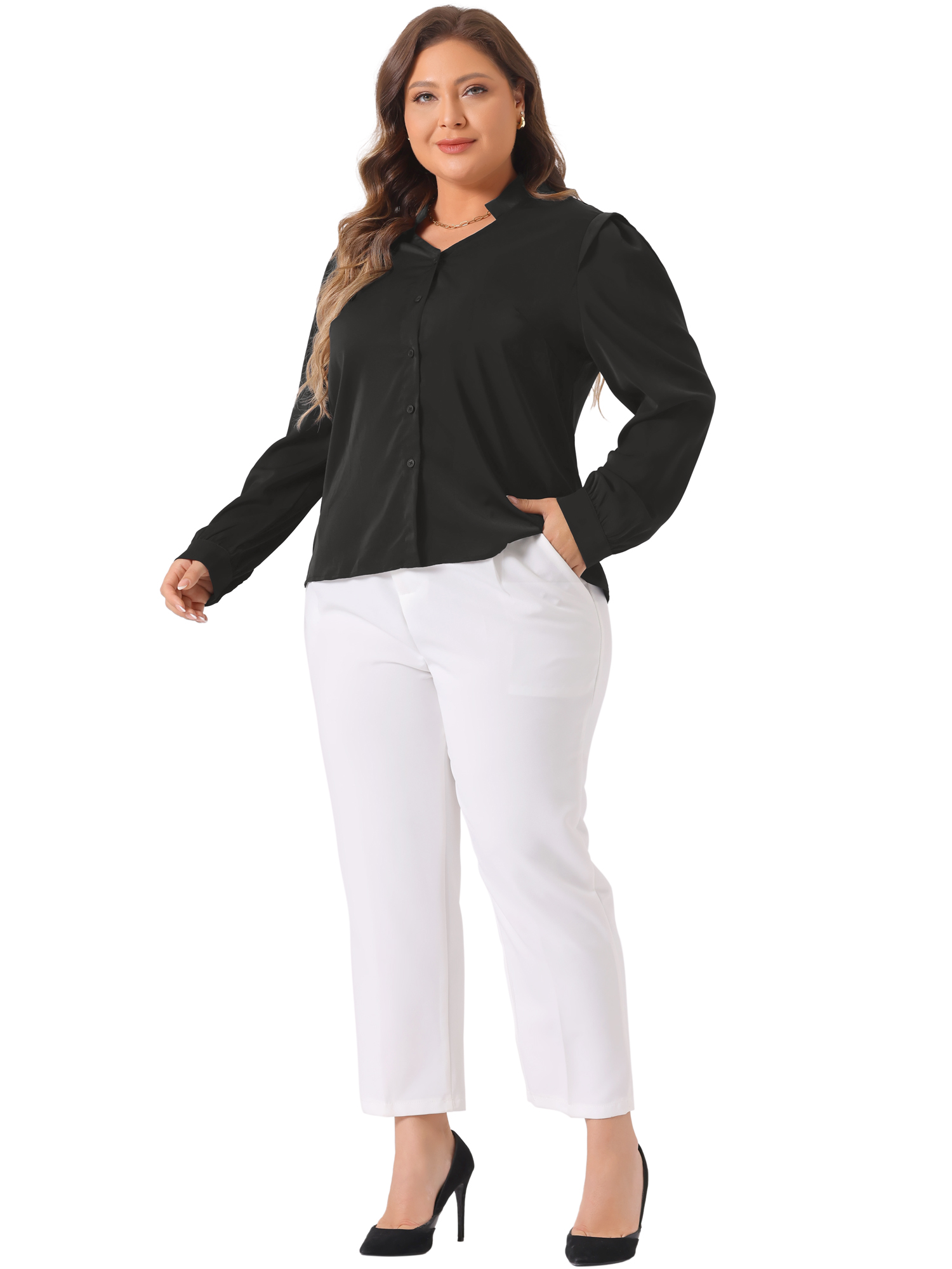 DARING DIVA Women's Plus Size Button Up Notch V Neck Long Sleeve Blouses 3X Black