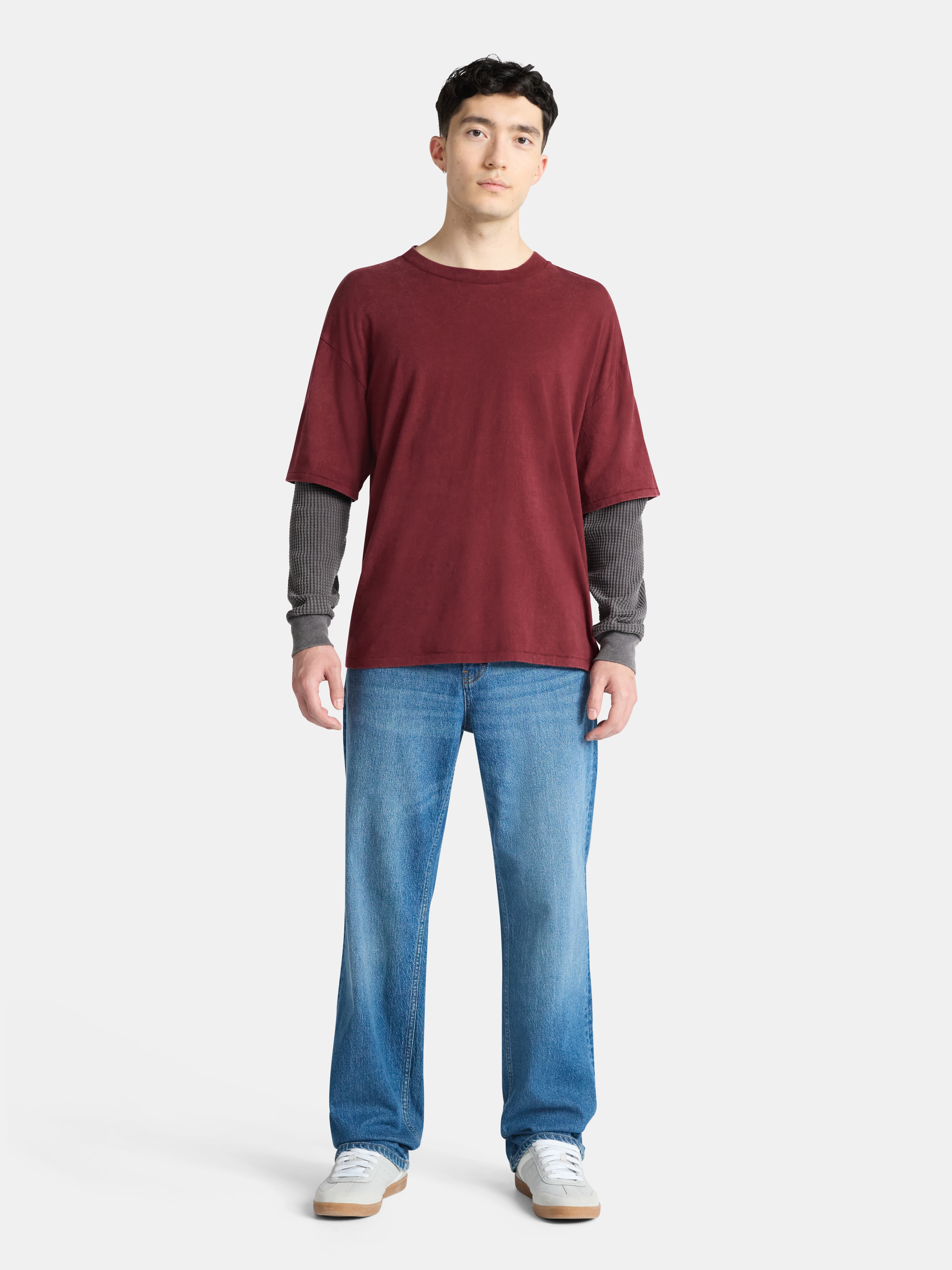 No Boundaries Cotton Washed Tee with Layered Long Sleeves, Men's & Big Men's