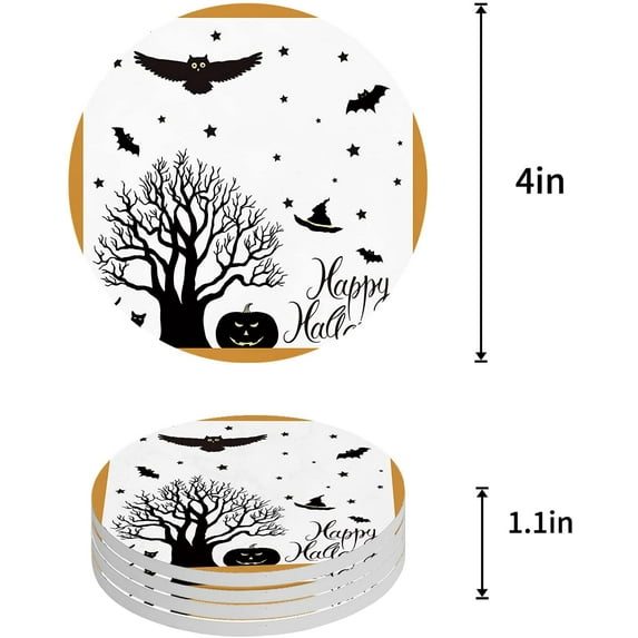 FMSHPON Halloween Tree Owl and Bat Silhouette Orange Border Set of 6 Round Coaster for Drinks, Absorbent Ceramic Stone Coasters Cup Mat with Cork Base for Home Kitchen Room Coffee Table Bar Decor