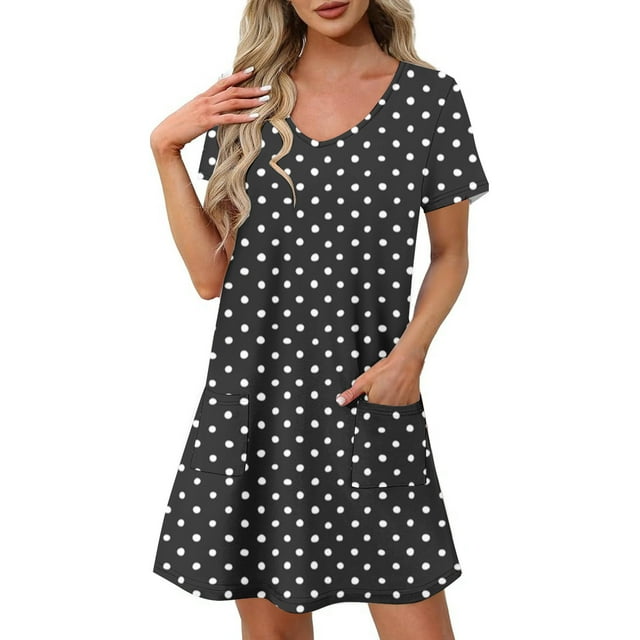 UPPADA Robe d'Été Décontractée pour Femme, Unie, Col en V, Manches Courtes, Grande Taille, Robe Bohème de Plage, Confortable, Longueur Genou, Fluide, avec Poches, Robes de Soirée Grande Taille pour Femme, Noir, P