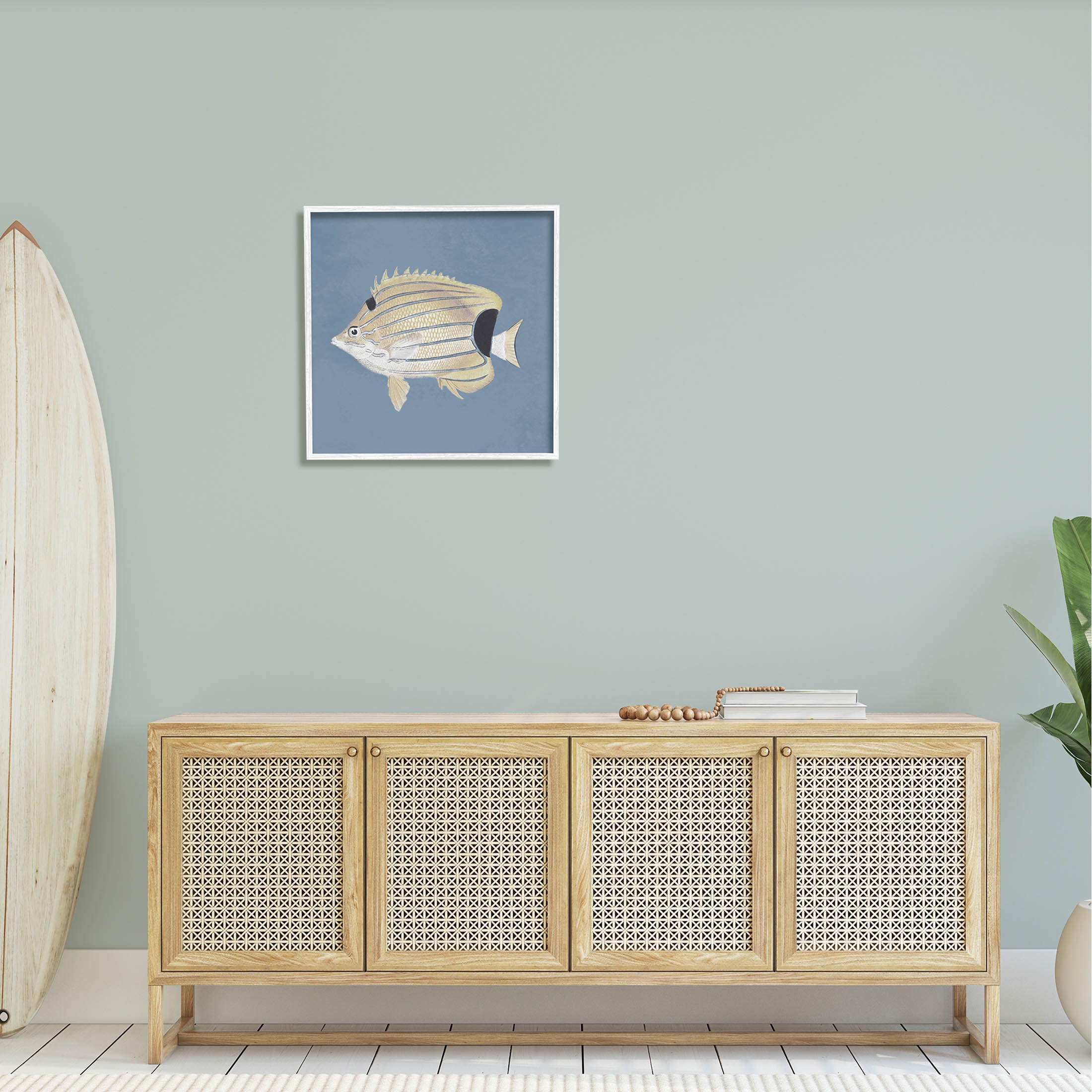 Striped Fish Portrait Blue Background Animals & Insects Graphic Art White Framed Art Print Wall Art