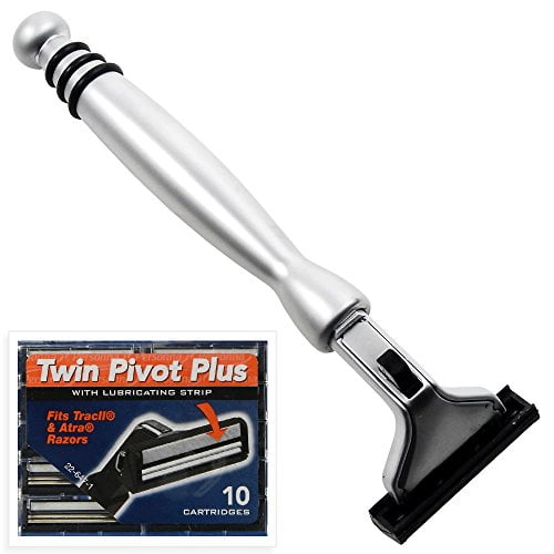 All Metal Heavyweight Chrome ATRA Compatible Twin Blade Razor & 10