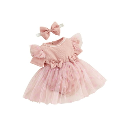 

Co.MMehjri Infant Girl Valentine s Day Jumpsuit with Bow Headband Short Sleeve Heart Print Tulle Mesh Ribbed Patchwork Dress Romper
