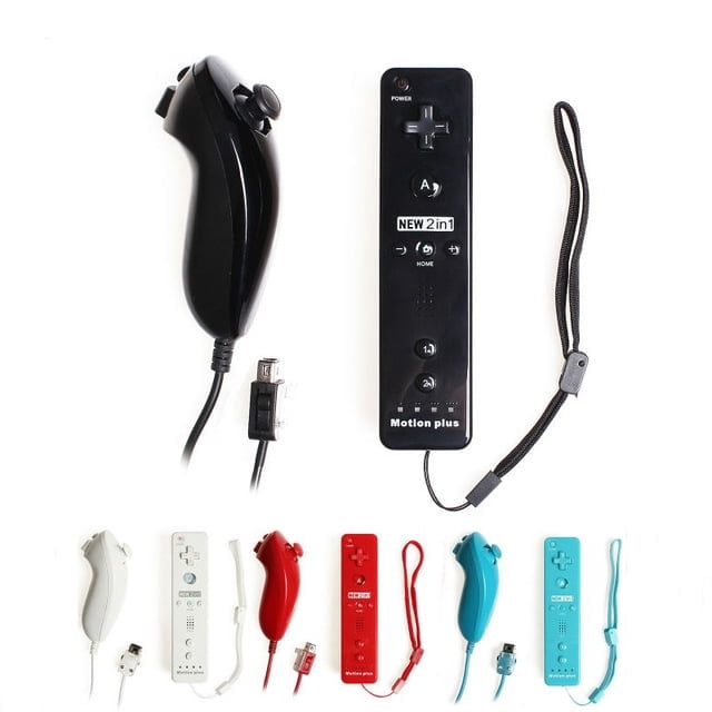 2-in-1 Wii Controller Set with Built-in Accelerator - Black Remote Plus Black Nunchuk, Complete Kit Includes Silicone Protective Case & Anti-lost Lanyard, Full-function Gaming Accessories for Wii