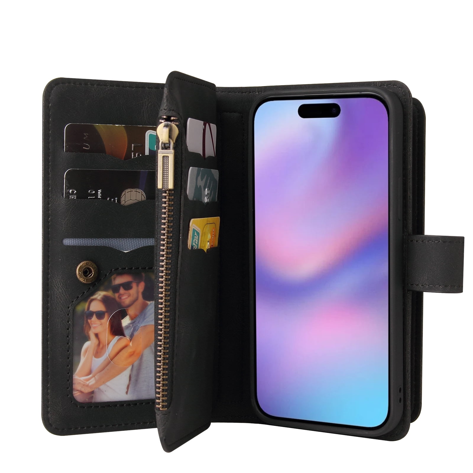 Phone Case for iPhone 17, Wallet Case Luxury Folio Flip Leather Cover [Zipper Pocket] [Wrist Strap] [Kickstand] for iPhone 17, Black