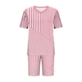 thumbnail image 5 of Gym Sets for Women Plus Size Women’s Striped 2‑piece Casual Set, Oversized V‑neck T-Shirt Tops High‑waist Biker Shorts with Pockets, Loungewear Summer Outfits L, 5 of 5