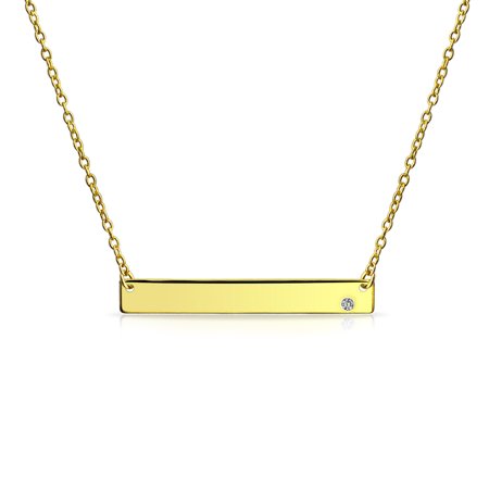 Sideways Bar Name Plate Engravable Pendant Crystal Pendant Necklace For Teen For Women 14K Gold Plated Sterling Silver