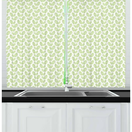 Green Leaf Curtains 2 Panels Set Simple Organic Pattern With