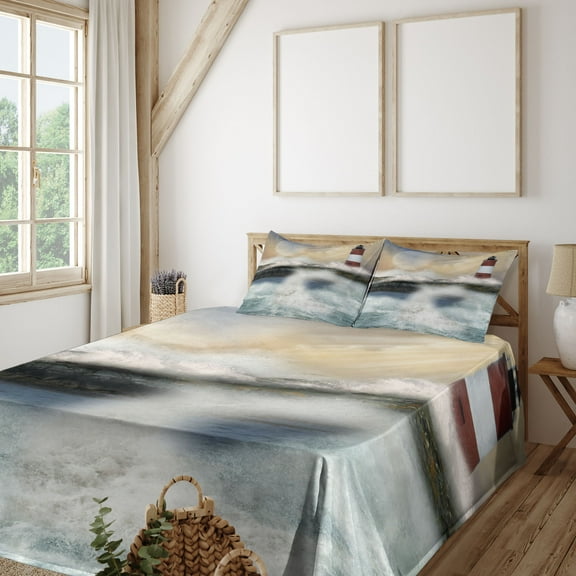 Ambesonne Lighthouse Fitted & Top Sheet Set with Shams, Stormy Sea Waves, Multicolor