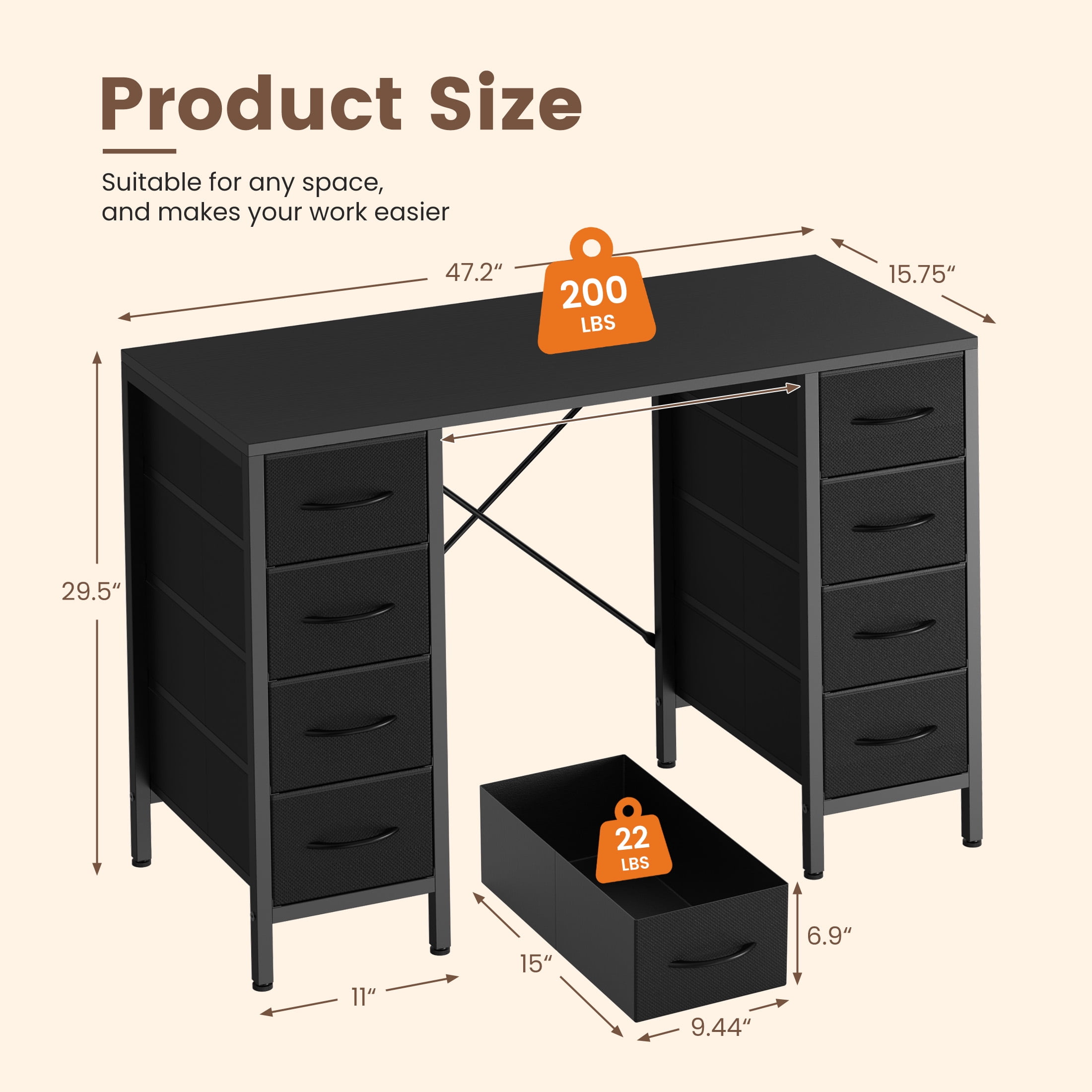 EDX 47 Inch Computer Desk with 8 Fabric Drawer, Home Office Desk with Power Outlets, Large Storage,Black