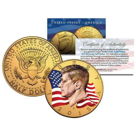 Ten Dollar Gold Coins - Colorized * FLOWING FLAG * 2015 JFK Kennedy Half Dollar Coin 24K GOLD PLATED (P)