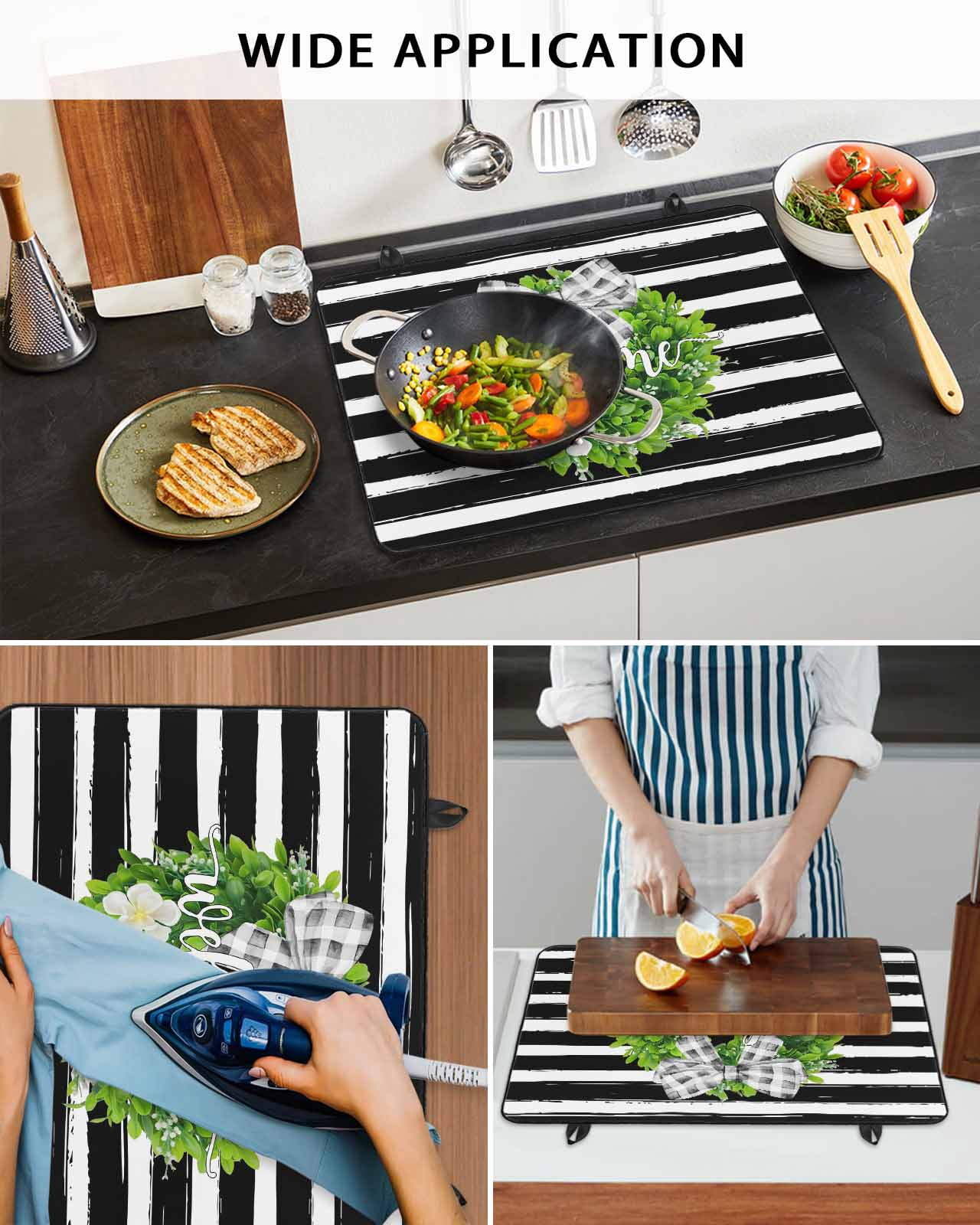 Large Induction Cooktop Protector Mat Flower Wreath Stove Top Covers for Electric Stove, Farmhouses Bow-Knot Black Stripes Decorative Stove Burner Cover Mats, Glass Top Stove Cover