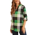 thumbnail image 4 of Uhndy Size S-5XL Women Long Sleeve Plaid Tunic Shirt V Neck Pullover Blouse Tops Ladies New Fall Winter Roll-up Shirt Baggy Color Block Checked T Shirt Tops green 5XL, 4 of 5