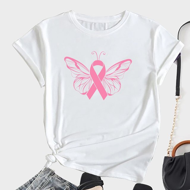 TIMIFIS Chandails de Sensibilisation au Cancer du Sein pour Femmes Été Ample Imprimé T-Shirt à Col Rond Manches Courtes Blouse Décontractée Automne/hiver