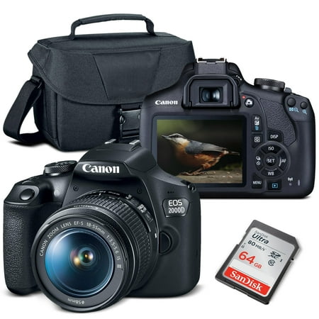 Canon EOS 2000D / Rebel T7 DSLR Camera with 18-55mm Lens + Bag + 64GB Card + More