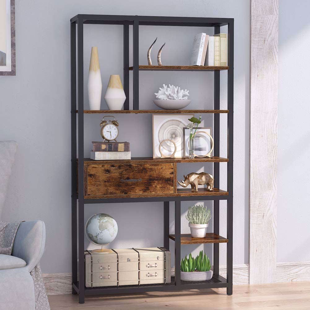 Retro Bookcase Rustic 8 Tier Bookshelf With Drawers Mid Century Modern Style Storage Bookshelf With Two Mesh Shelf For Living Room Office Library Vintage Brown Walmart Com Walmart Com