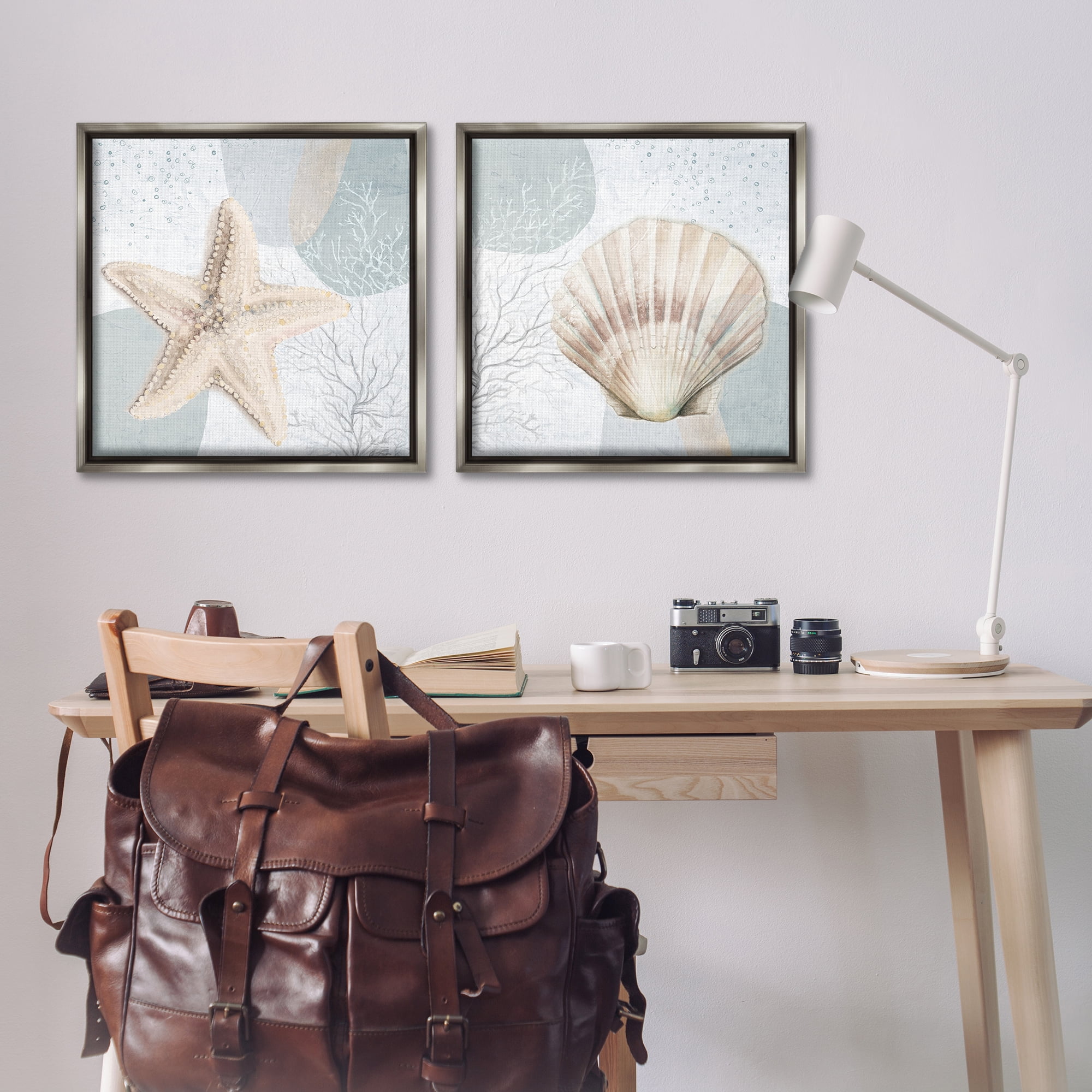 Stupell Industries Scallop Starfish Sealife Nautical & Beach Painting Gray Floater Framed Canvas Art Print Wall Art, 25 x 25, Set of 2