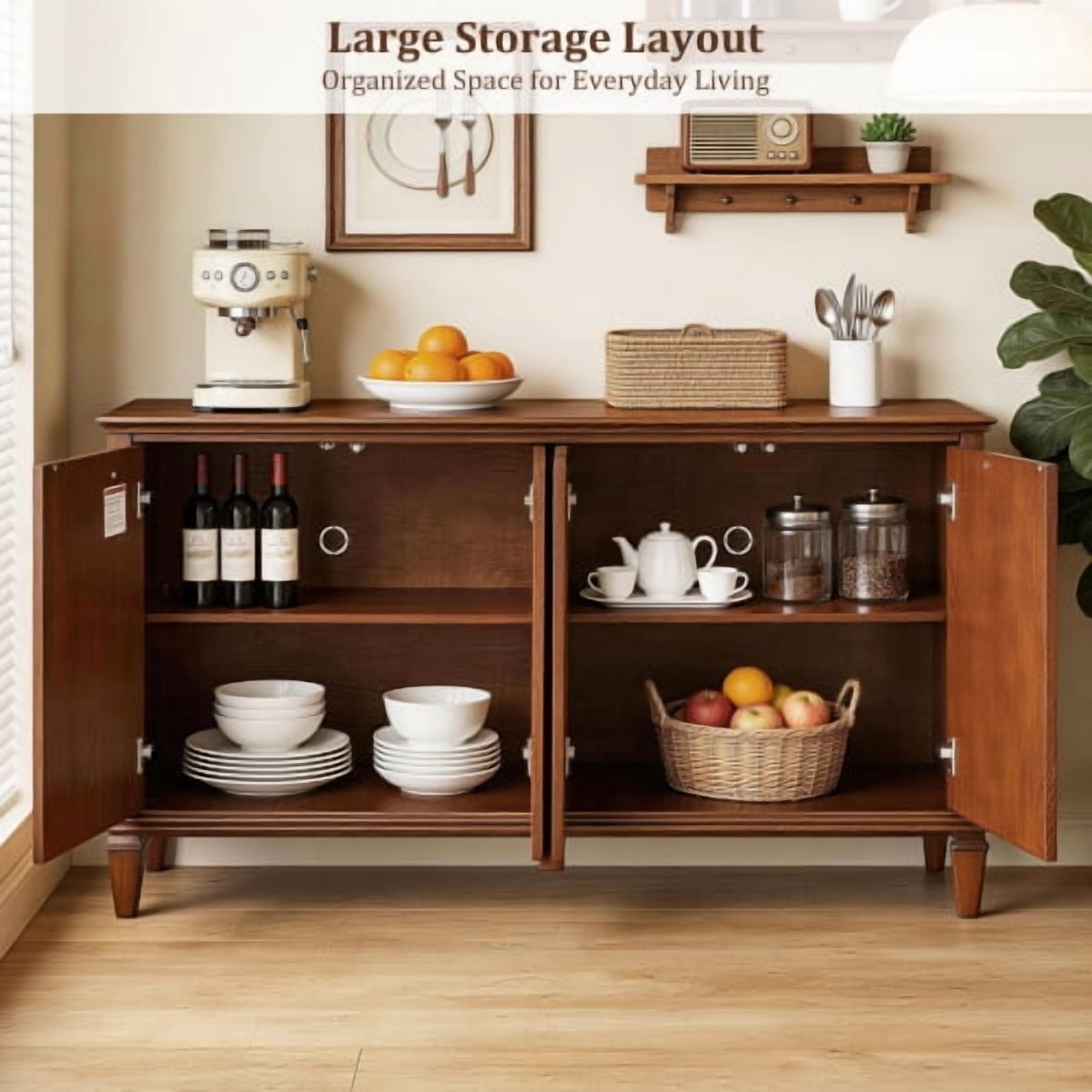 58" Mid Century Modern TV Stand with Carved Geometric Doors, Wood Storage Cabinet, 4-Door Media Console Sideboard for Living Room, Dining Room, Entryway, Walnut