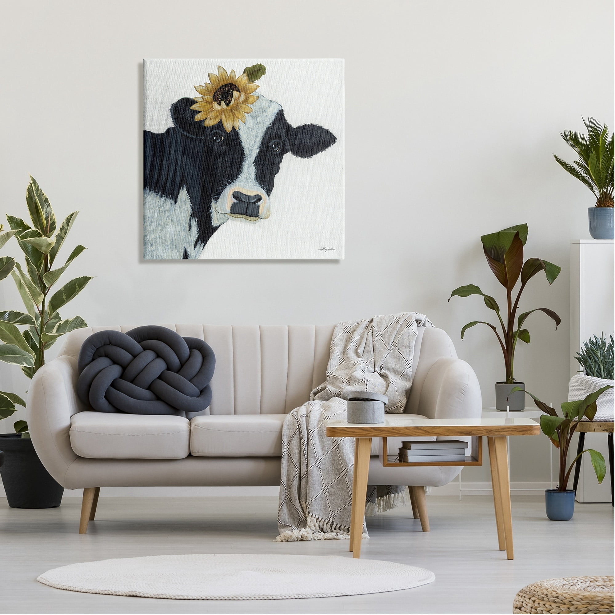 Stupell Cow Portrait Sunflower Blossom Farmhouse Animals & Insects Painting Gallery Wrapped Canvas Print Wall Art