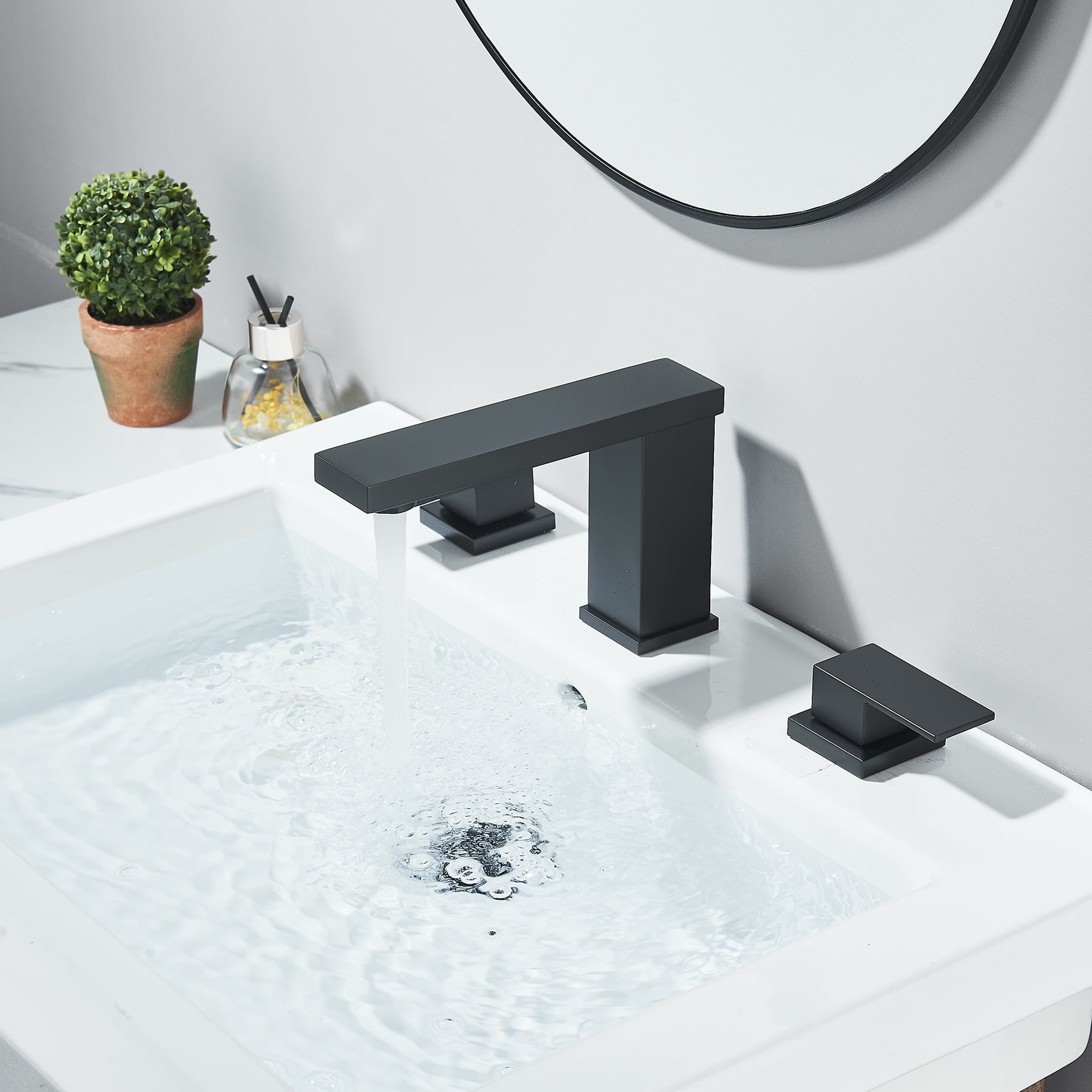 Zovajonia Matte Black Bathroom Sink Faucet 8 Inch Widespread, 2 Handle for Restroom Sink with Pop Up Drain and Supply Hoses, Vanity 3 Holes