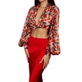 thumbnail image 3 of Txlixc Tops cortos para mujer Estampado floral Mangas largas de farol Corte bajo Transpirable Versátil Tops de longitud corta Txlixc  Moda, 3 of 9