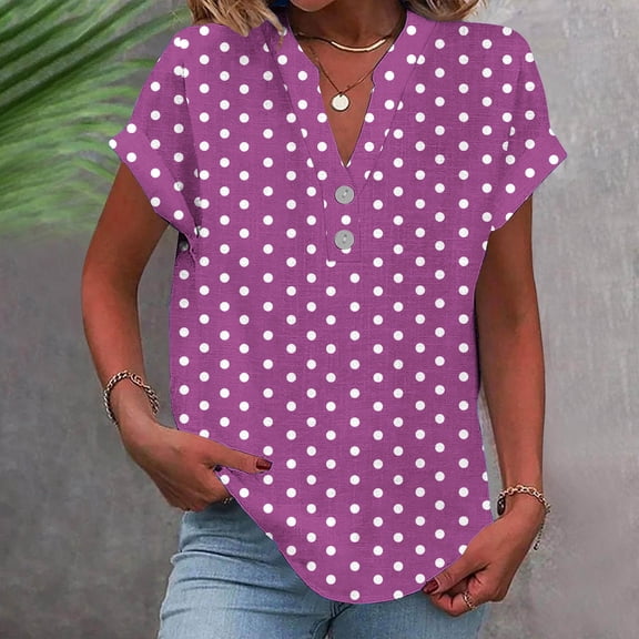 CLOISE Casual Shirts for Women Short Sleeve Plus Size Tops Button V Neck Pullover Print Summer Blouses Purple