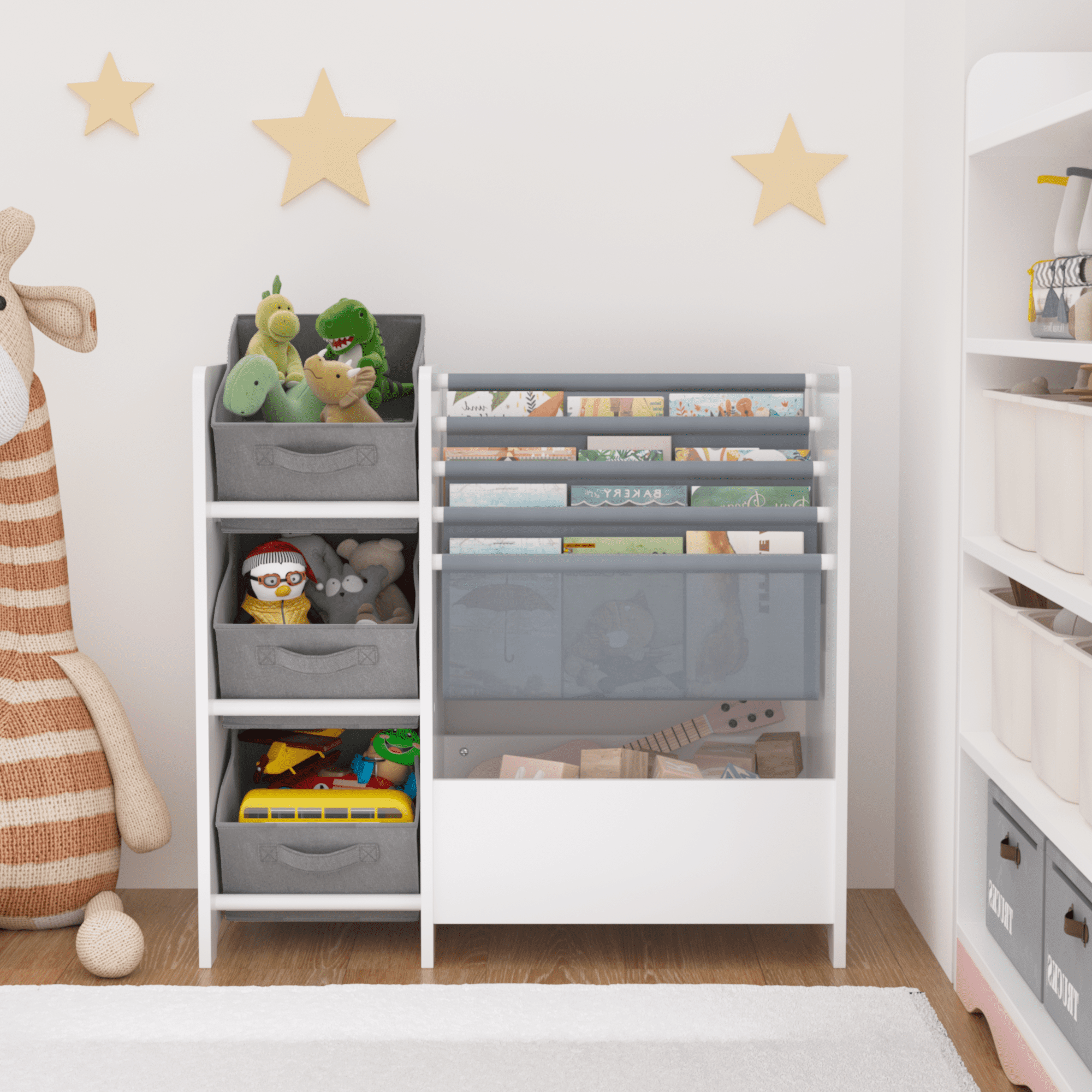 4-Tier Kids Bookshelf with 3 Fabric Drawers - White Toy & Book Storage Organizer for Nursery (25.59" X 11.81")