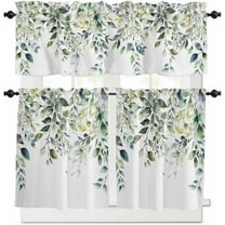 Spring Summer Curtain Valance and Tier Curtain Set 3PCS Rod Pocket Watercolor Farmhouse Eucalyptus Leaves Green Valances for Windows Kitchen Cafe Valance Curtains 24 Inch Length Tier & Valance Set